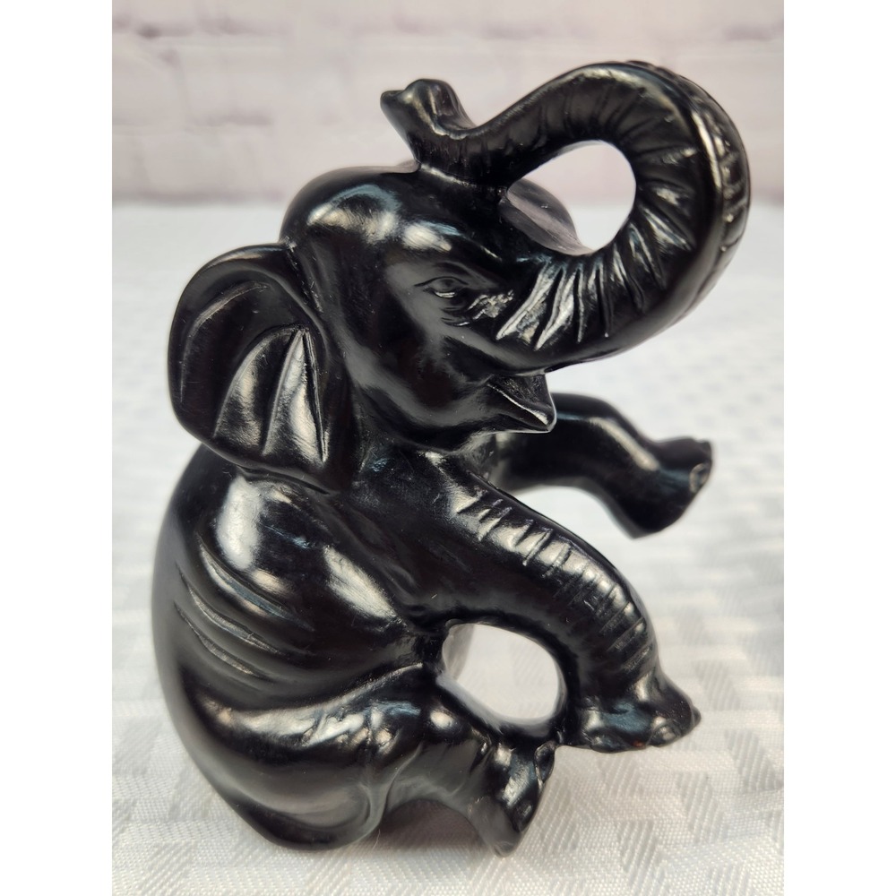 Vintage Solid Iron Wood 4" Black Elephant Figurine Statue Trunk Up